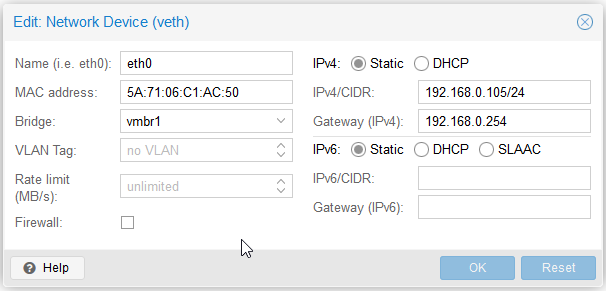 Proxmox Netzwerkeinstellungen eines Containers - Zuweisung einer internen IP